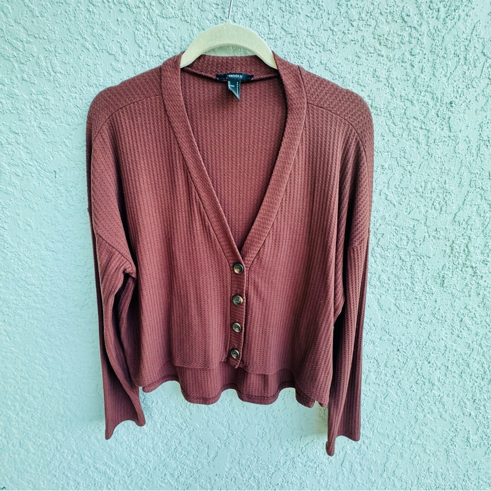 Forever 21 S waffle knit relaxed brown button front cardigan preppy autumn